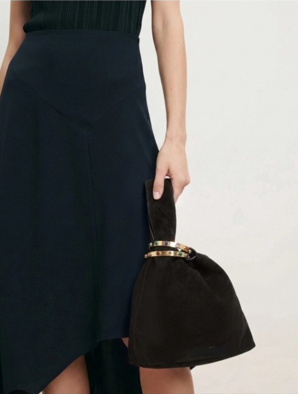 Black Suede Knot Wristlet Bag with Gold Accent - Picture 8 of 10